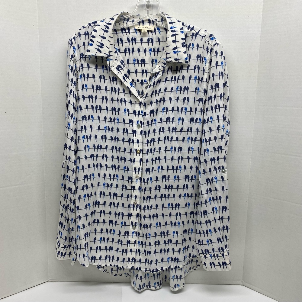 Jane and Delancey White Blouse with Blue Bird Print